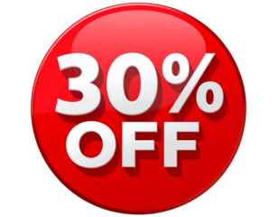 Bold “30% OFF” Circular Discount Sticker with Clean Modern Design, Isolated on Transparent Background