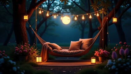 Romantic Hanging Bed With Lanterns in Moonlit Forest