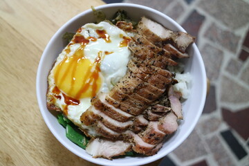 Pork Rice Bowl with Fried Egg and Greens