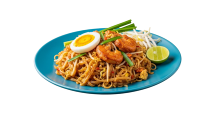 Exquisite Pad Thai with Succulent Shrimp and Refreshing Lime Presentation on Blue Plate Isolated