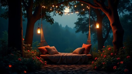 Romantic Hanging Bed With Lanterns in Moonlit Forest