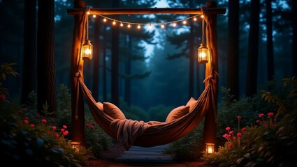 Romantic Hanging Bed With Lanterns in Moonlit Forest