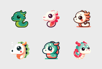 Obraz premium Cute Baby Dragon Set – Adorable Fantasy Creature Vector Icons