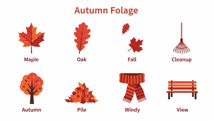 An infographic illustrating eight autumnal elements with labels below each icon