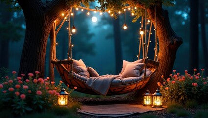 Romantic Hanging Bed With Lanterns in Moonlit Forest