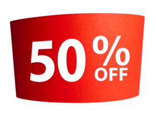 Dynamic Red Ribbon-Style “50% OFF” Discount Banner, Angled Layout, Isolated