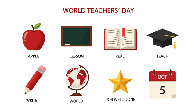 A grid of eight educational icons with labels celebrating World Teachers Day