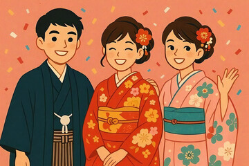和装の若い男女3人が笑顔で並ぶ成人式のイラスト。振袖や羽織袴などの伝統衣装を着た明るい雰囲気の人物イメージ。