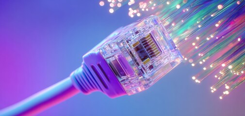 The Ethernet cable connector surrounded by glowing fiber optic light trails and bokeh
