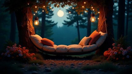 Romantic Hanging Bed With Lanterns in Moonlit Forest