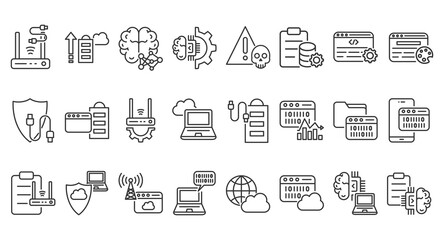 Icon Pack of Information Technology in Creative Outline Vector Style for Technology Business Featuring Modern Digital Systems Network Data Security Innovation Software Hardware and Communication