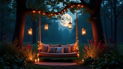 Romantic Hanging Bed With Lanterns in Moonlit Forest