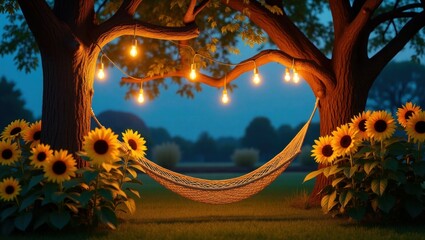 Cozy Hammock With String Lights in a Sunflower Garden