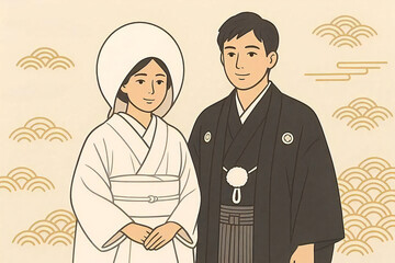 和装の新郎新婦を描いた結婚式イラスト。白無垢と紋付袴をまとった和婚の夫婦をやわらかなタッチで表現した和風デザイン。