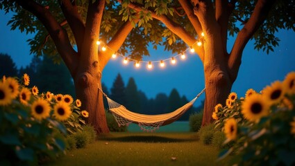Cozy Hammock With String Lights in a Sunflower Garden