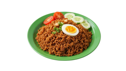 Delicious stir-fried noodles served on a vibrant green plate with a boiled egg and vegetable garnish, a flavorful culinary presentation