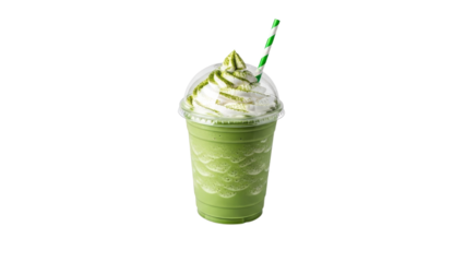 Iced matcha indulgence: a refreshing beverage with whipped cream and green accent on a clean white canvas