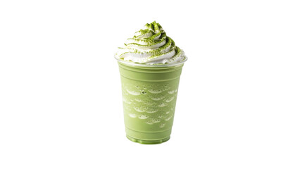 A captivating view of a vibrant matcha green tea frappe, topped with delicate whipped cream against a pristine white backdrop