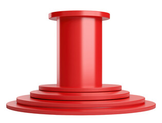 Bright red cylindrical podium with multiple circular tiers and glossy finish, isolated on transparent background