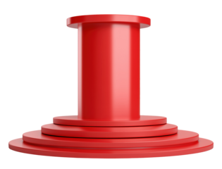 Bright red cylindrical podium with multiple circular tiers and glossy finish, isolated on transparent background