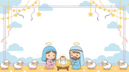 Holy family nativity scene border with cartoon characters.