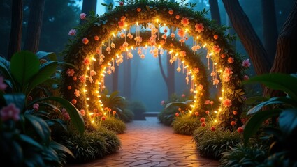 Magical Forest Path With Glowing Light Arches