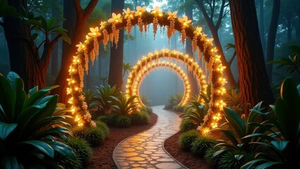 Magical Forest Path With Glowing Light Arches