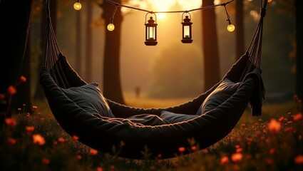 Peaceful Hammock Under Moonlit Garden Lights