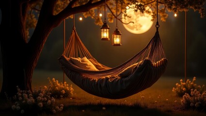 Peaceful Hammock Under Moonlit Garden Lights