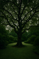 Obraz premium Dark Enchanted Garden Tree.A dark, dramatic ancient tree standing in the center of a quiet garden, its twisted branches spreading wide under a dim, moody atmosphere.