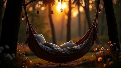 Peaceful Hammock Under Moonlit Garden Lights