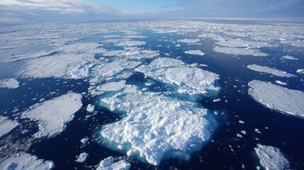 Obraz premium Ice floes drift on the surface of the Arctic Ocean, surrounded by calm blue water. Bright sunlight reflects off the ice, creating a serene winter scene.