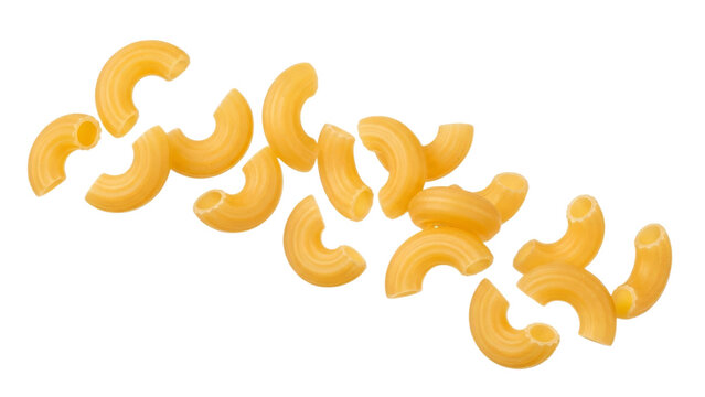 Scattered macaroni elbows on a pristine white background, highlighting the classic pasta shape and golden hue for culinary applications