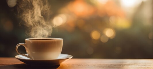 Fototapeta premium The Coffee Cup on a Wooden Table with Morning Steam and Soft Bokeh Light