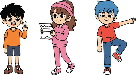 Cartoon children in playful poses, diverse expressions and actions, peace sign, reading paper, balance stance - flat vector illustration