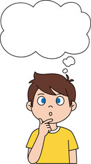 Curious cartoon child thinking with thought bubble, yellow shirt, blue eyes, pondering expression, educational concept - flat vector illustration