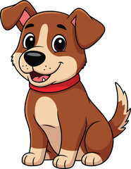 Happy cartoon dog sitting with red collar, smiling face, floppy ears, friendly pet character, playful pose - flat vector illustration