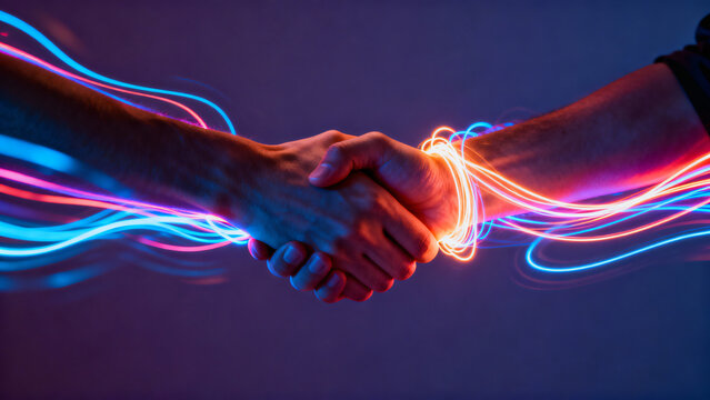 Dynamic Handshake with Neon Light Trails Representing Unity and Collaboration