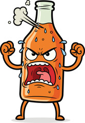 Angry cartoon hot sauce bottle with steam, clenched fists, shouting expression, spicy humor concept, mascot style - flat vector illustration