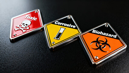 Warning Signs for Hazardous Materials with Toxic, Corrosive, and Biohazard Labels