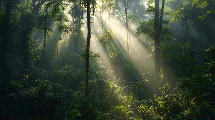 Golden sunlight shining through deep rainforest high resolution picture