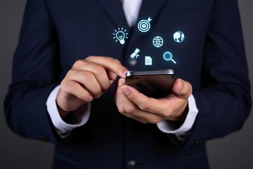 Businessman holding a mobile phone or virtual screen displaying a business concept using digital technology for global communication