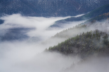 Foggy mountain landscape in the morning. 