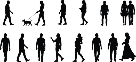 Black Silhouette People Standing and Walking, Isolated Vector Collection of Men, Women, Couple, Child and Dog, Side and Front View, Full Length on White Background