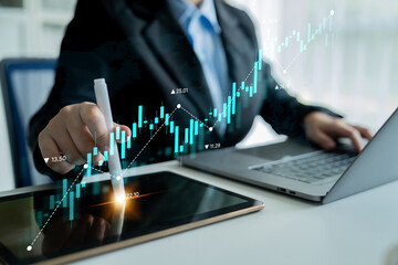 Stock market analysis with candlestick chart and price movement trend line, highlighting global financial trends, stock trading, and investment strategy insights Latch