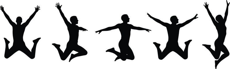 Group of people silhouettes jumping in air, expressing happiness, freedom, and energy, celebrating success, vitality, and active, joyful lifestyle, isolated on white background