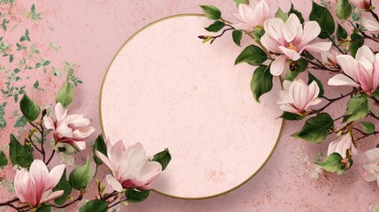 Delicate magnolia flowers in soft pink and white frame a circular space on a pastel pink background, ideal for creating personalized messages or designs in spring.
