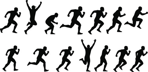 Set of running man silhouettes vector illustration collection, showing various phases of sprint, marathon, and jogging movement, isolated on white, demonstrating energy, speed, sport, and exercise.