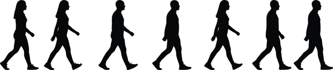 Silhouettes of People Walking in Profile, Men and Women Side View, Full Body Black Icons Isolated on White Background for Cutout and Graphic Design Elements, Simple Pacing Motion.