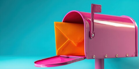 The Mailbox with Bright Pink Finish and Orange Envelope Against Blue Background